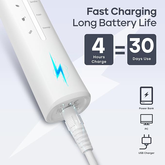 SEAGO Electric Toothbrush, Rechargeable Toothbrush for Adults Sensitive Teeth, 8 Brush Heads, 5 Modes with Teeth Whitening, Endurance 30 Days, Kids Electric Toothbrushes 6-12, SG-958(White)