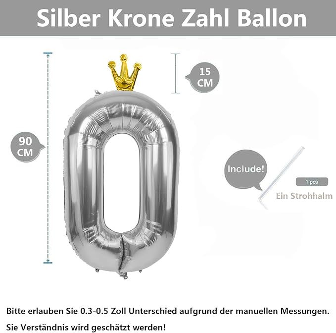 Silver Number 0 Balloon with Crown, 40 inch Silver Number Balloon 0th Birthday Party Decoration Silver Crown Balloons 0-9 for Birthday Party Anniversary Decorations Supplies