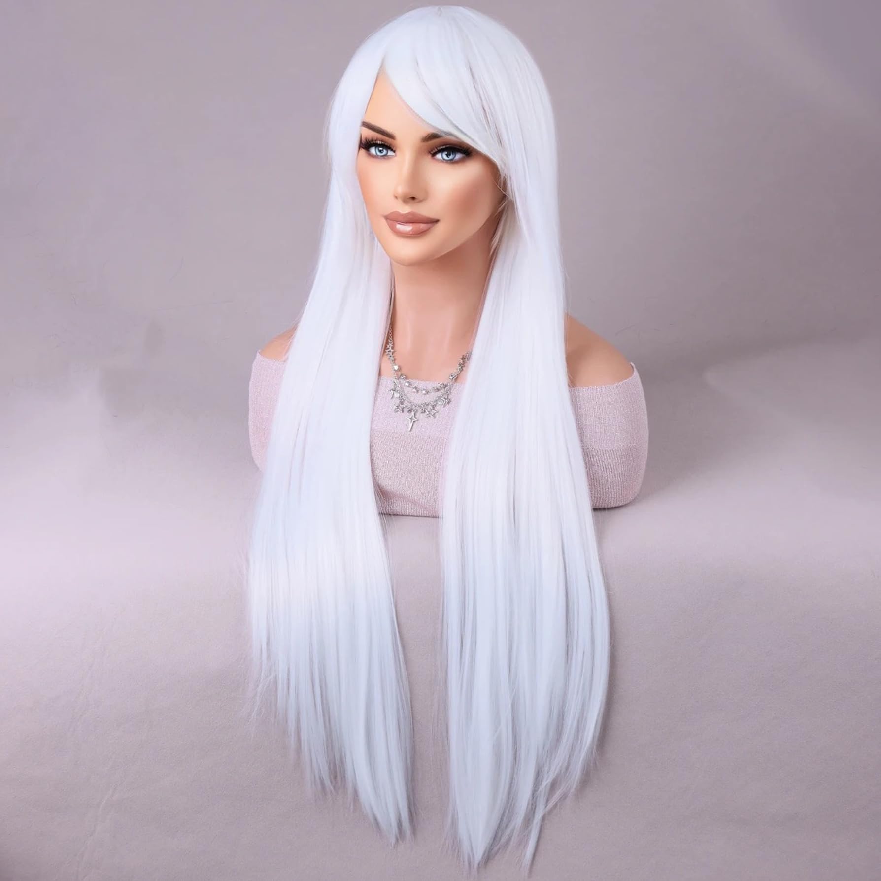 WTHCOS Long Black Wigs for Women Girls Long Straight Wig With Oblique Bangs Black Wig Heat Resistant Synthetic Wigs for Cosplay Costume Party
