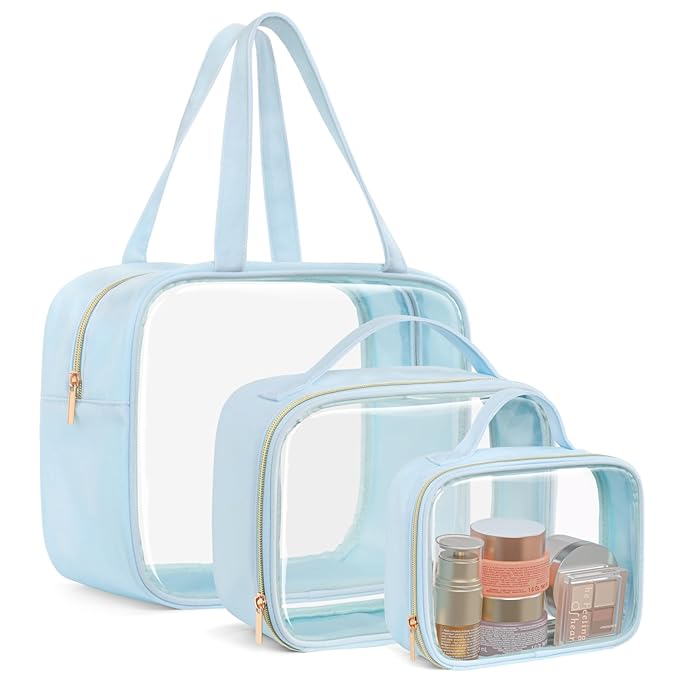 PACKISM Clear Makeup Bag - 3 Pack TSA Approved Toiletry Bag with Handle and 180° Large Opening, Sturdy Clear Toiletry Bag Fit Carry-on Travel Essential, Travel Bags for Toiletries, Ice Blue
