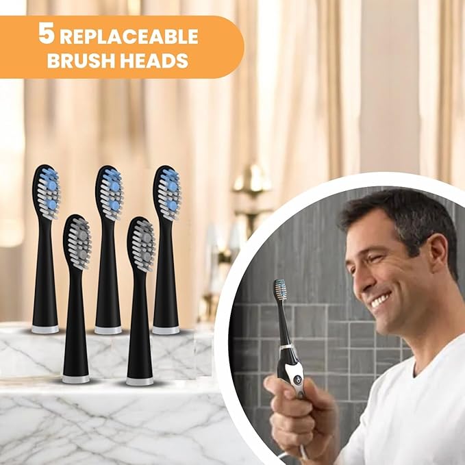 Sonic Electric Toothbrush for Adults with 5 Toothbrush Replacement Heads, 3 Brushing Modes & 2 Minutes Built-in Timer, Travel Toothbrushes with Inductive Charging, Rechargeable toothbrush | Black
