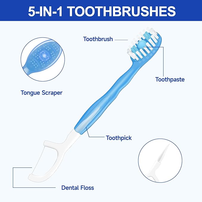 26 Pack Mini Disposable Toothbrushes with Toothpaste 5 in 1 Travel Toothbrush with Toothpaste + Tongue Scraper + Picks+Floss Travel Case Individually Wrapped Portable (Peppermint, 26)