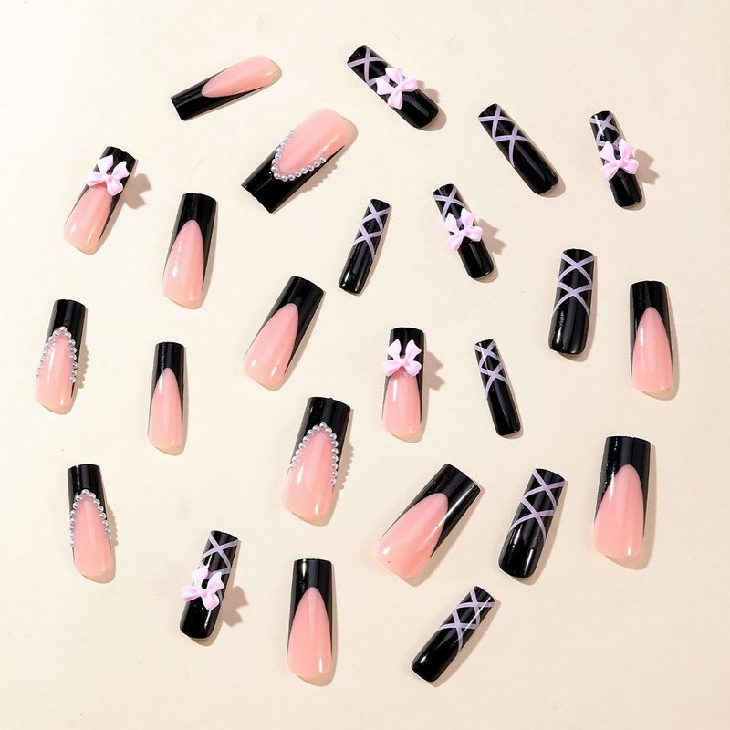 Press on Nails Long Square Summer Fake Nails Pink Full Cover False Nails with Cute 5D Heart Bear Charm Designs Glossy Glue on Acrylic Nails for Women Girls 24 Pcs
