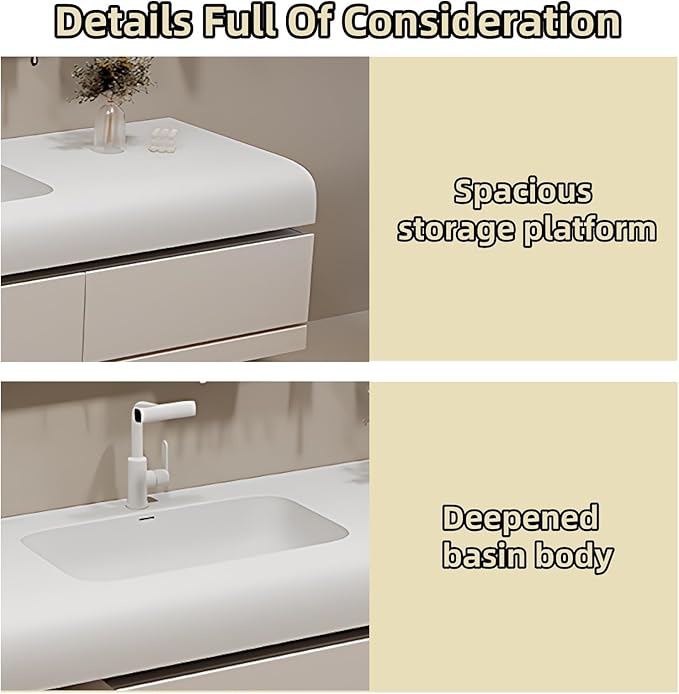 60IN Bathroom Vanity with Sink - Bathroom Cabinet Set has 2 Drawers & Overflow Hole Wall Mounted | LED Practical Defogging Mirror, Open Compartments, Seamless Rock Slab Basin (Cream White)