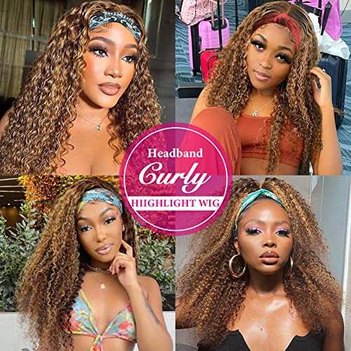 Eooma #4/30 Omber Headband Wig Curly Human Hair Wigs for Black Women 10A 180% Density Brazilian Kinky Curly Human Hair Headband Wigs Scarf No Gel Gluelees 22 Inch Remy Hair