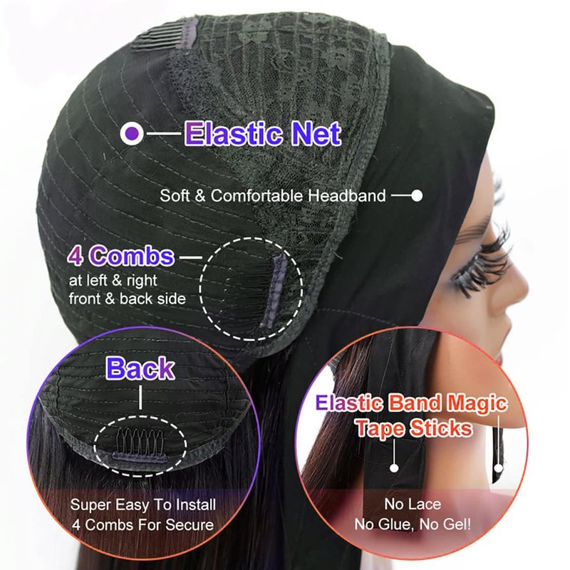 Unvizossa Headband Wig Human Hair Straight 18 Inch Headband Wigs for Black Women Glueless None Lace Front Wig Brazilian Virgin Human Hair Wigs Natural Color 150% Density