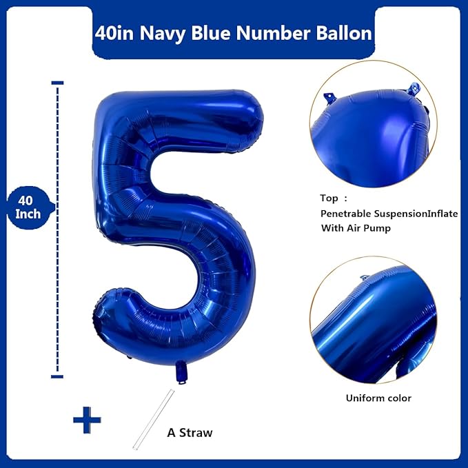 40 inch Navy Blue Number Balloon Dark Blue 5 Balloons Giant Foil Helium Balloons Blue Number 5 Balloon for 5th Birthday Party Decorations