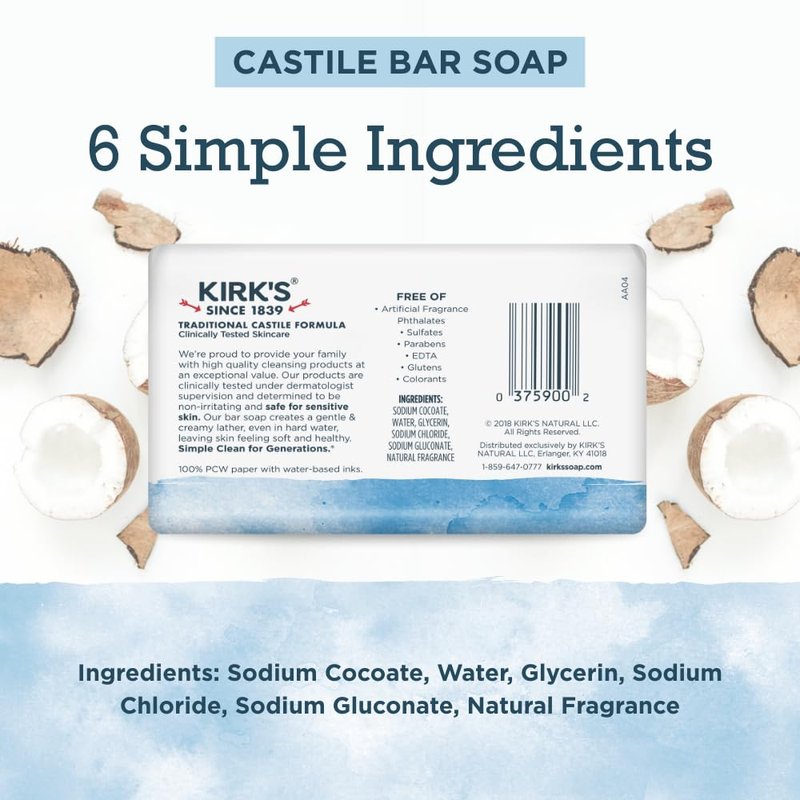 Kirk's Castile Bar Soap for Men, Women, & Children - Made with Premium Coconut Oil, Sensitive Skin Formula, Vegan, Non GMO, Original Fresh Scent, 4 oz. Bars, 24 Pack