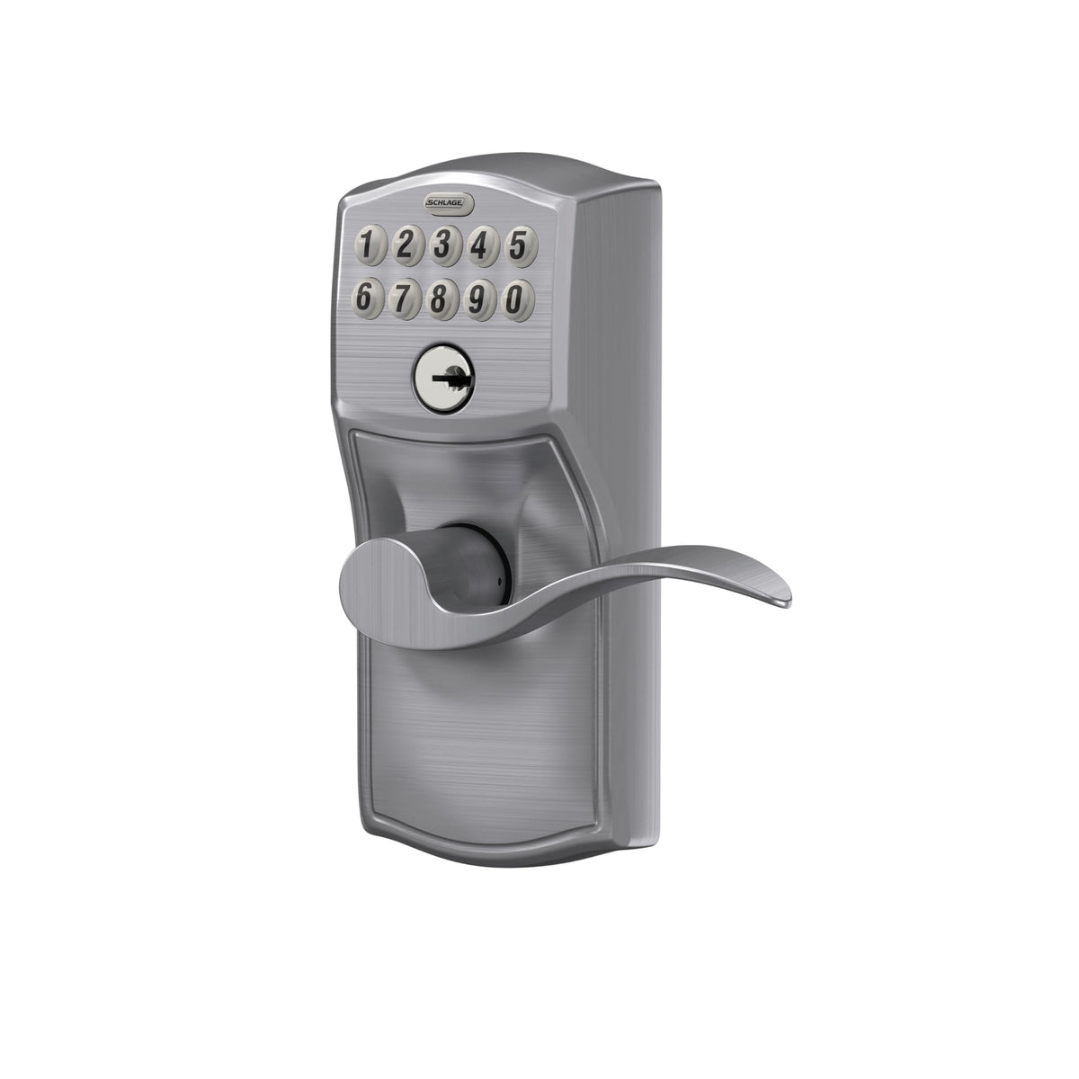 Schlage Camelot Keypad Lock with Lever Handle, Electronic Keyless Door Entry, Flex Lock Auto‑Lock Option, Satin Chrome, FE595 CAM 626 ACC