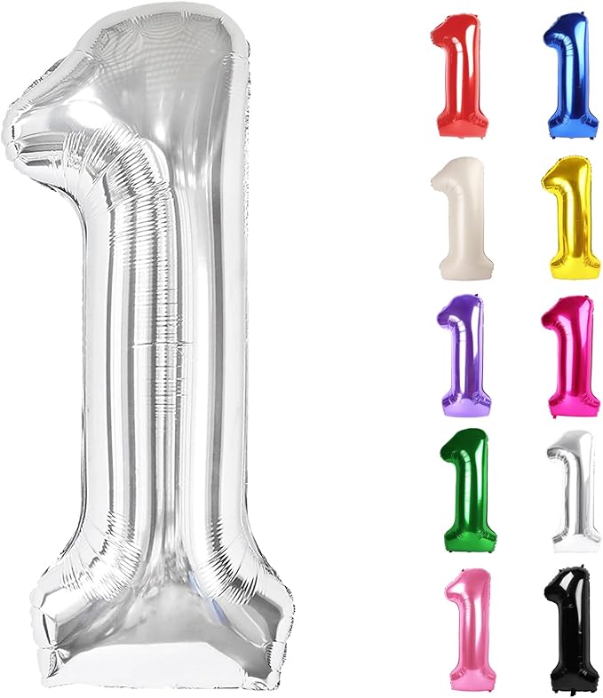 Silver Number 1 Balloon for First Birthday 40 Inch, 1st One Number Balloons Birthday Decorations for Girl Boy Toddler Baby