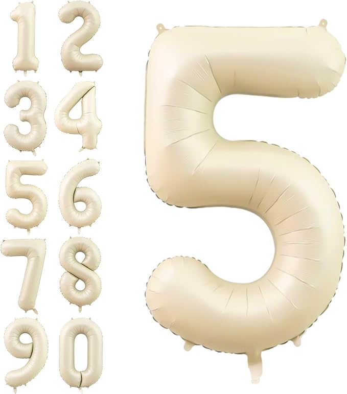 Number 5 Balloon Beige,40 Inch Large Cream Foil 5 Helium Balloons for Boys Girls Birthday Anniversary Decorations