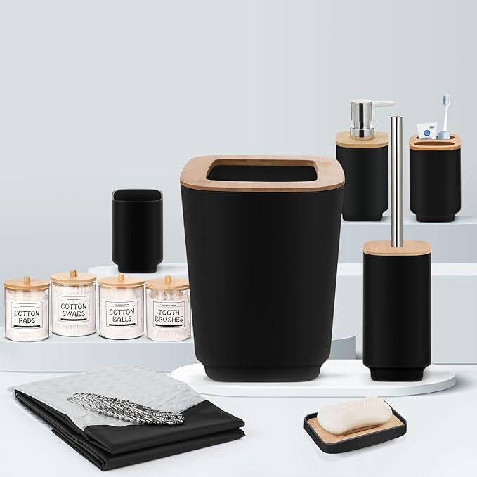 Bathroom Accessories Set,Black Bathroom Set,24 Pieces Bathroom Accessory Set with Shower Curtain,Trash Can for Bathroom Accessories Décor and Home Gifts