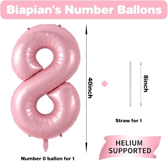 40 Inch Pink 8 Balloon, Giant Light Pink Foil 8 Balloon, Pastel Pink Macaron Digital Number 8 Balloon Number Helium 8th Birthday Balloons for Girls Women Princess 8 Year Old Birthday Party Decorations