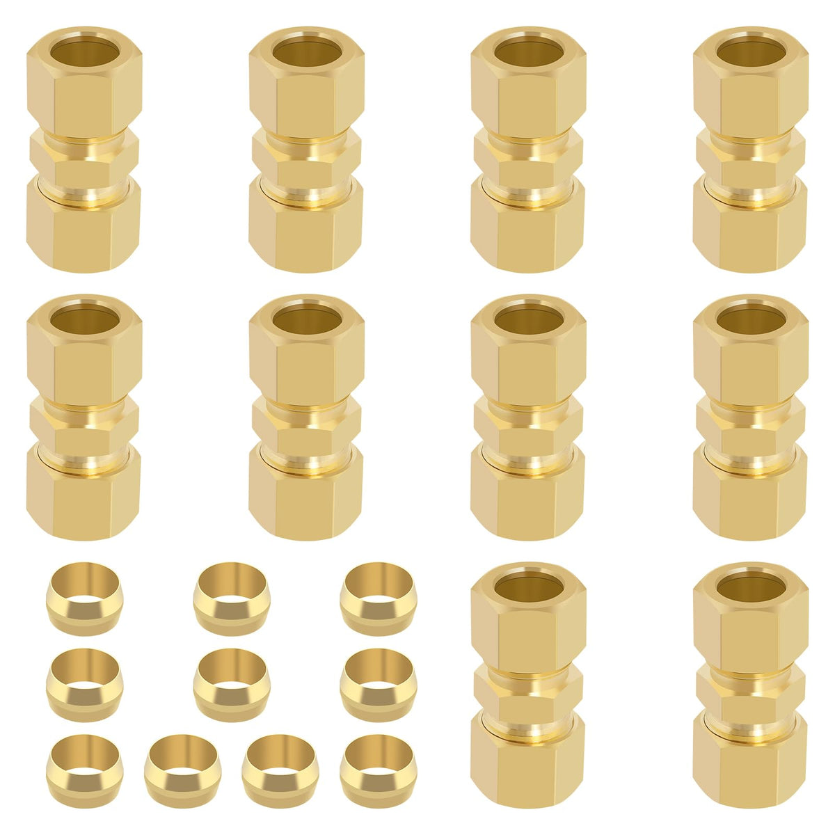 Taiidaues Brass Compression Tube Fitting, 10 PCS 3/8" OD Compression Union Connectors & 10 PCS Compression Sleeves Ferrules