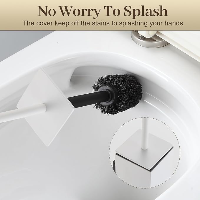 Toilet Brush and Holder Wall Mounted, White Aluminum with 2 Replaceable Heads, Bathroom Toilet Brush, Drill or 3M Adhesive Mount for Bathroom