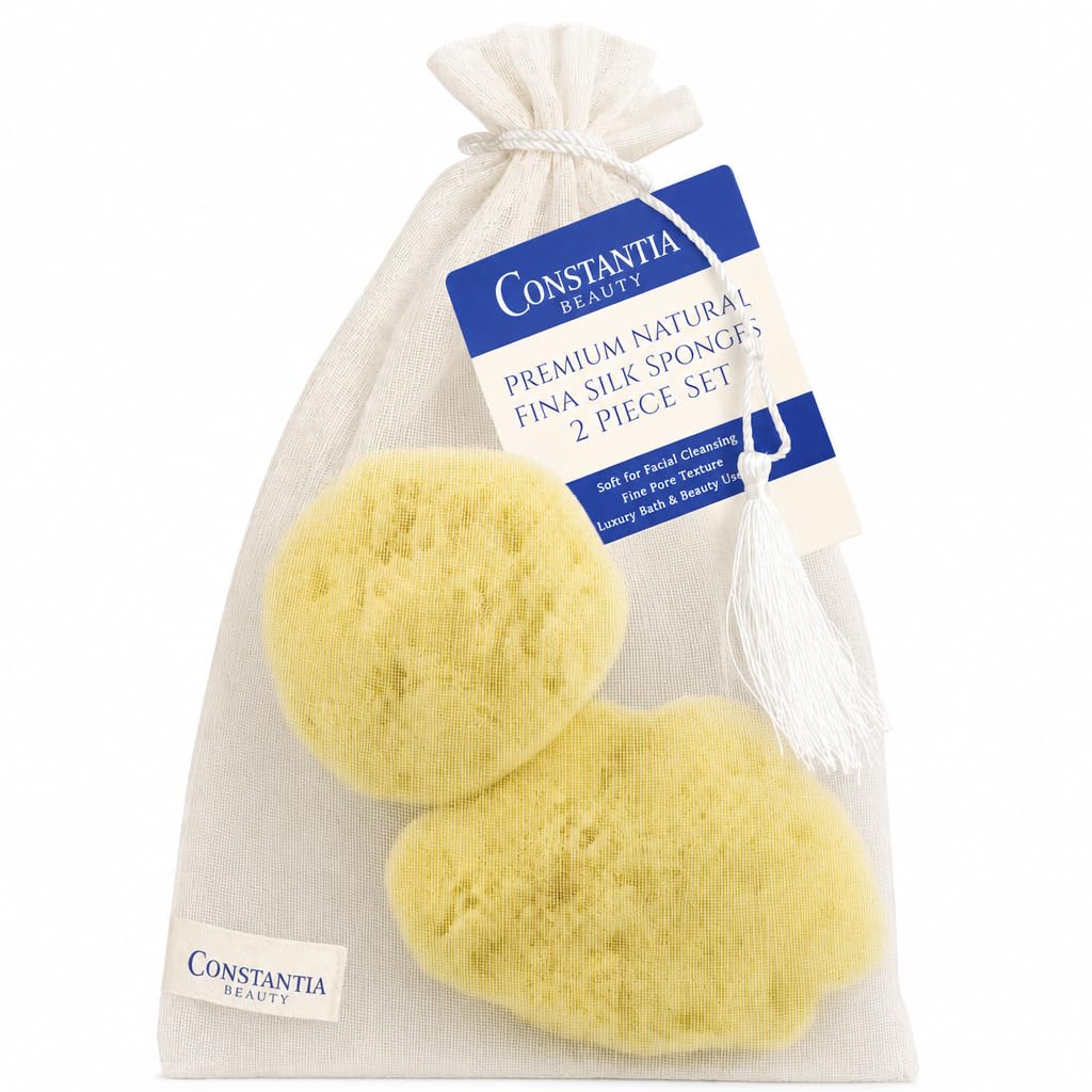 Constantia Beauty® Premium Natural FINA Silk Sponges - 2pc, 4"- 4.5" Luxury Softness on the Skin, from The Mediterranean, Fine Pores Sea Sponge Perfect for Make up, Facial Cleansing & Bathing