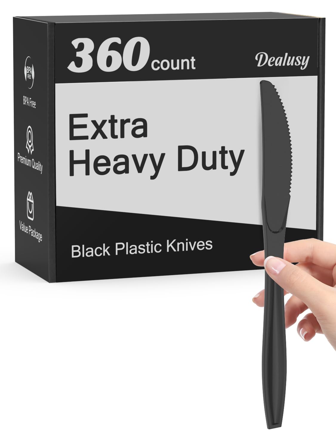 Dealusy 360 Count Extra Heavy Duty Black Plastic Knives Disposable, BPA-Free, Heat Resistant, Solid and Durable Disposable Knives Bulk, Premium Plastic Knives heavy duty for Party Supply