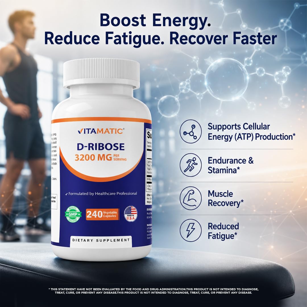 Vitamatic D-Ribose 3200 mg per Serving – Energy Support Supplement – 240 Vegetarian Capsules – Non-GMO & Gluten Free, Made in USA