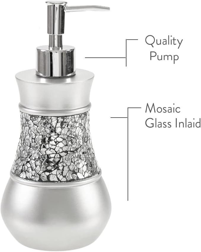 Crackled Glass Silver Hand Soap Dispenser for Bathroom, Decorative Countertop Lotion Dispenser, Elegant Liquid Soap Dispenser with Sturdy Pump for Classic Bathroom Décor