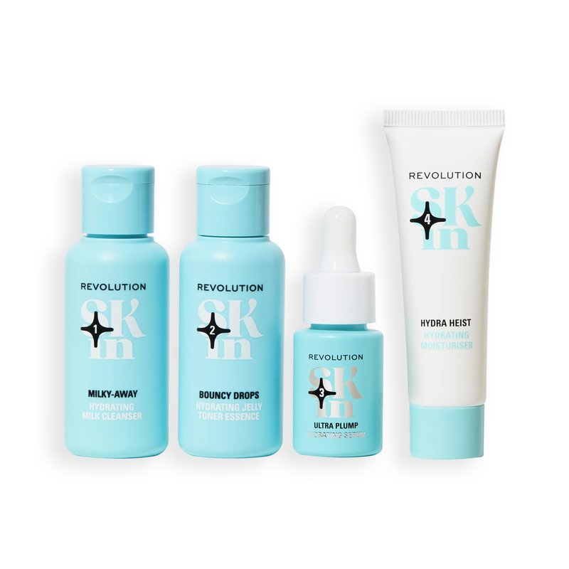 Revolution Skin, Happy Hydrate 4 Step Starter Kit, Hydrating Skincare Set with Cleansing Milk, Essence, Serum & Moisturizer, Vegan & Cruelty-Free, 4 Mini Products