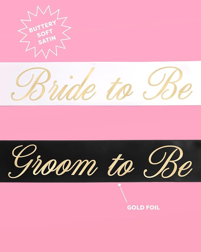 xo, Fetti Bride and Groom Sash Duo 2 Pack | White and Black Satin, Gold Foil, Bridal Shower, Engagement Party, Bachelorette Decor, Wedding Mr. & Mrs.
