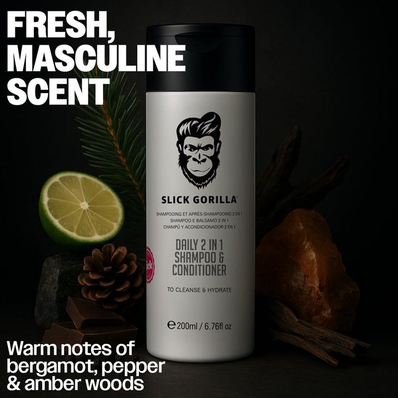 Slick Gorilla 2 in 1 Shampoo and Conditioner for Men 200ml / 6.76 fl oz | Cleans, Strengthens, Hydrates | Infused with Natural Ingredients | Healthy Fresh Hair | All-in-One Daily Grooming Solution