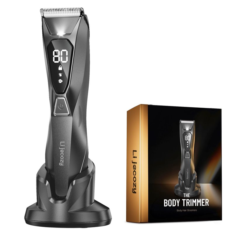 Lijecozy Body Hair & Pubic Hair Trimmer for Men - Electric Ball Shaver with LED Light & Display, Waterproof Wet/Dry Groomer Kit with Wireless Charging & 3 Combs, Ceramic Blade Technology