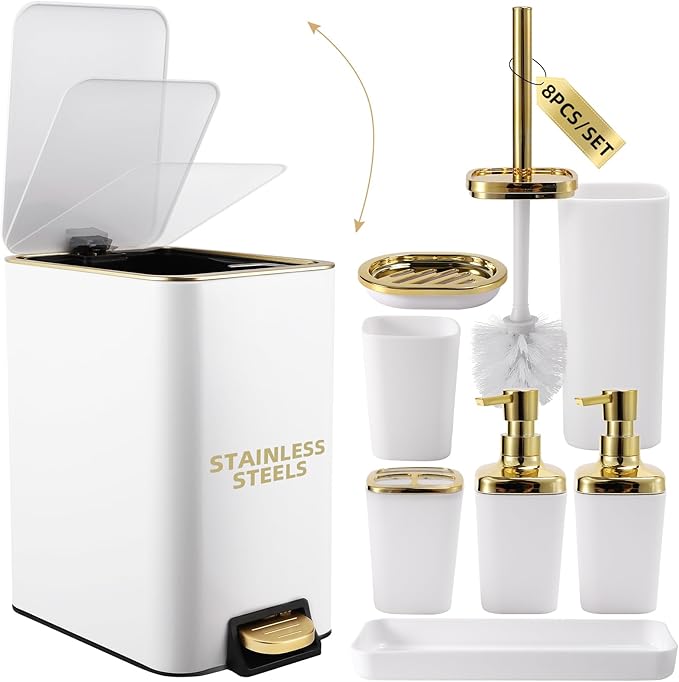 White Bathroom Accessories Set 8 Piece White and Gold Bathroom Set, Bathroom Sets with Stainless Steel Trash Can,Toilet Brush,Toothbrush Set,Soap Dispenser