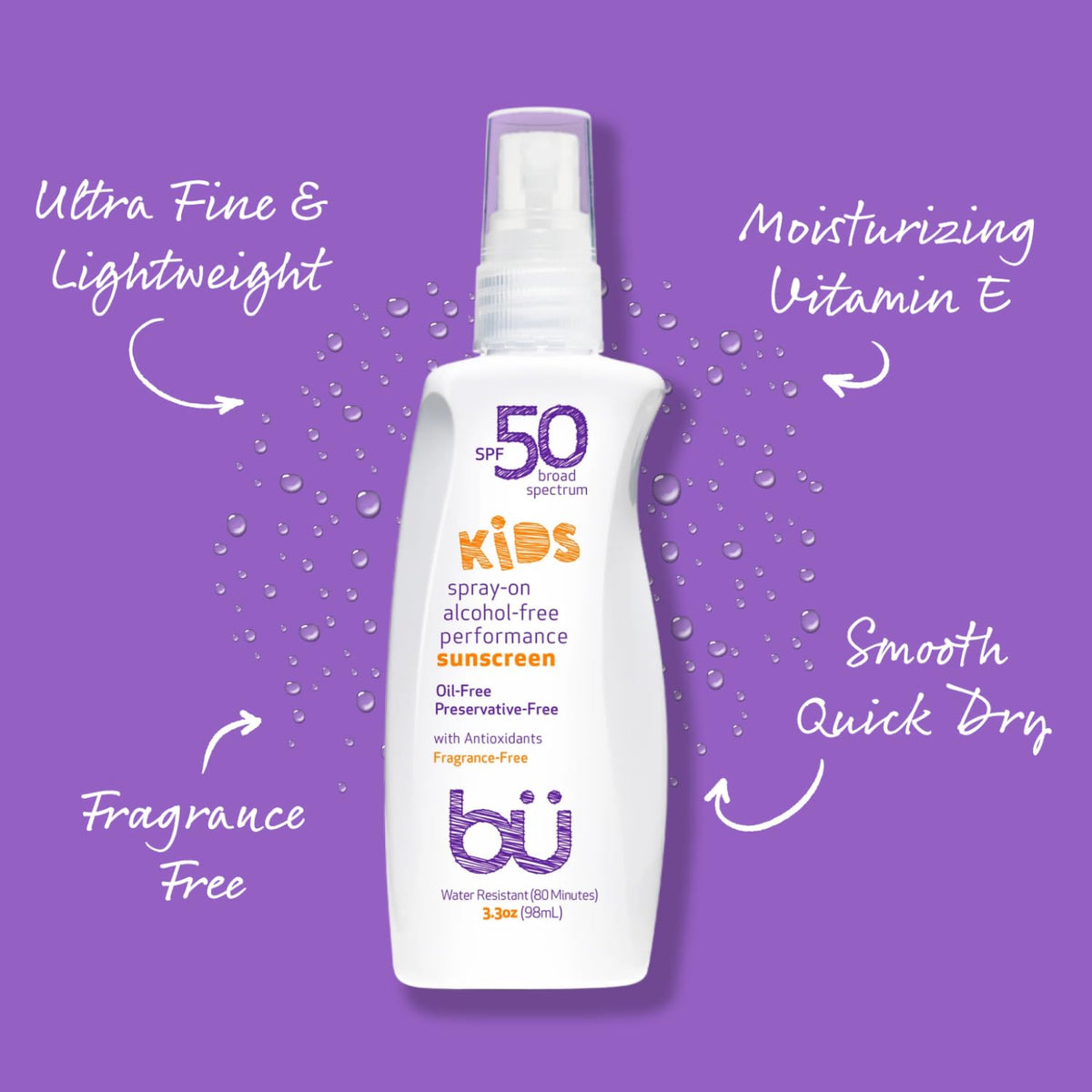 BU SPF 50 Kids Sunscreen Spray for Face and Body, Non Aerosol Spray, Fragrance Free, Clear, Non Greasy, Water Resistant, Fragrance Free 3.3 oz