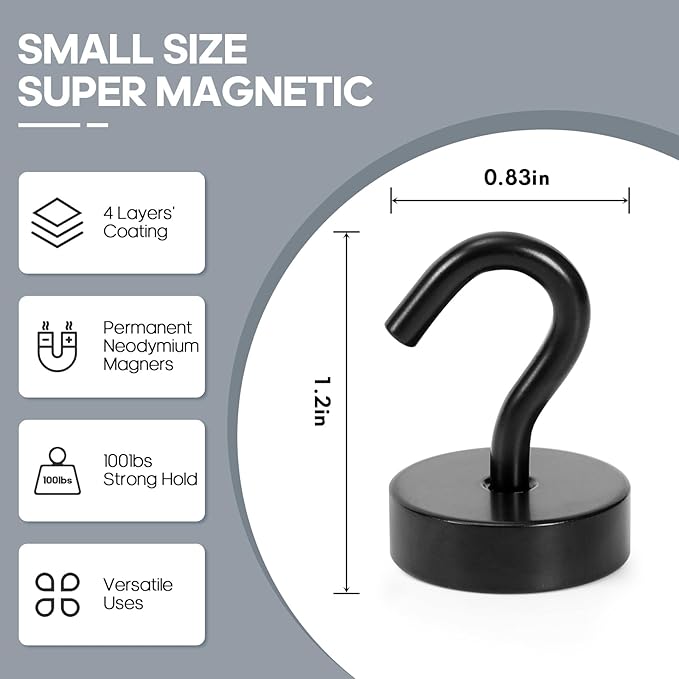 Neosmuk Magnetic Hooks, Cruise Ship Essentials, 40lb+ Heavy Duty Magnetic Hooks for Cruise Cabins, Refrigerator, Grill, Hanging, and Travel | Extra Strong Must-Haves Magnet Hook,Black,Pack of 10