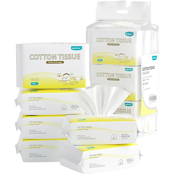 Winner 100% Cotton Dry Wipes, USDA Certified Baby Wipes, Soft & Gentle, Hypoallergenic & Unscented for Baby Sensitive Skin, Use Wet/Dry for Diaper Changes, Meals & Cleanup, 600 Count, Pack of 6