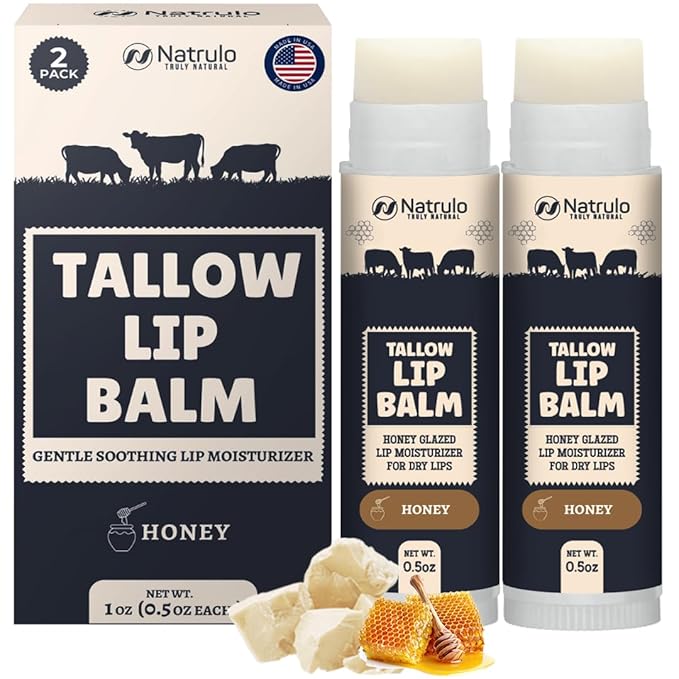 Beef Tallow Lip Balm – Natural Tallow Beeswax Chapstick – Hydrating Moisturizer Grass Fed Bison Tallow Balm Lip Care – Soothes Chapped Dry Lips, Sensitive Skin – Long Lasting Vitamin Rich USA-Made 2Pk