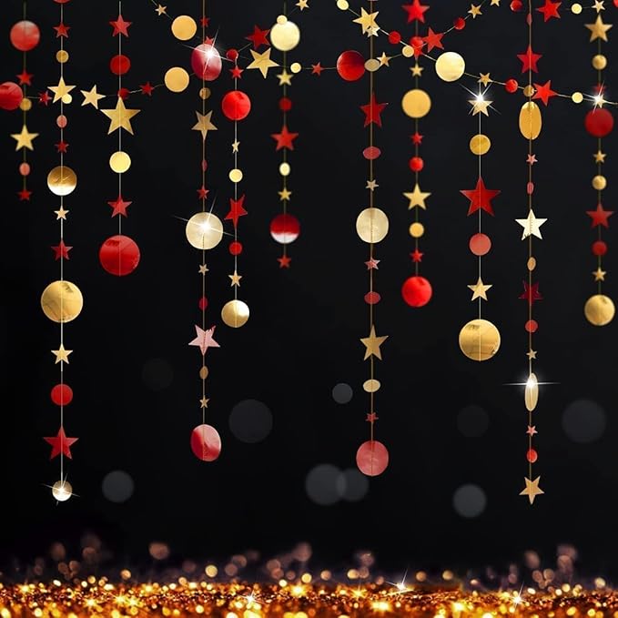 Cheerland Maroon Gold Party Decorations Red Gold Scarlet Star Circle Garland Hanging Dots Streamer for Valentines Day Chinese New Year Graduation Birthday Anniversary Wedding Bridal Shower Party