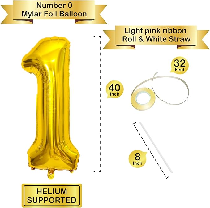 40 Inch Gold Number Balloons, Helium Mylar Foil Number Balloons for Birthday, Number 1 Balloon for 1st Birthday Decorations for Kids, Anniversary Party Decorations Supplies