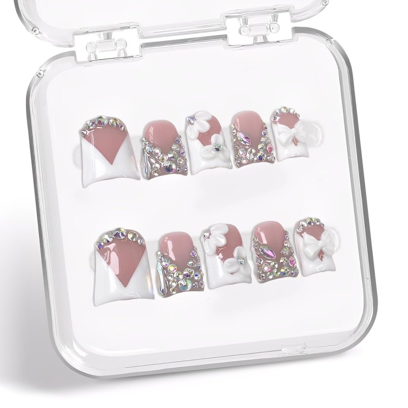 Handmade Press on Nails Rhinestone French Tip Fake Nails Muti-Layer Gel Short Duck False Nail with Luxury 3D White Flower Bow Design Full Cover Thicked Acrylic Nail Stick on Nail for Women (M)