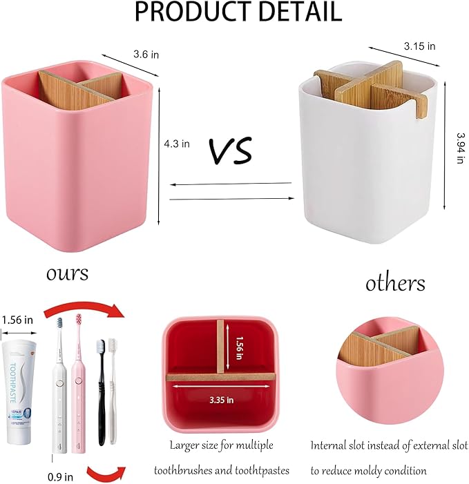 Bamboo Toothbrush Holder for Bathrooms, 3 Slots Toothbrush and Toothpaste Holder Bathroom Counter Organizer for Electric Toothbrushes, Floss, Razors - Pink