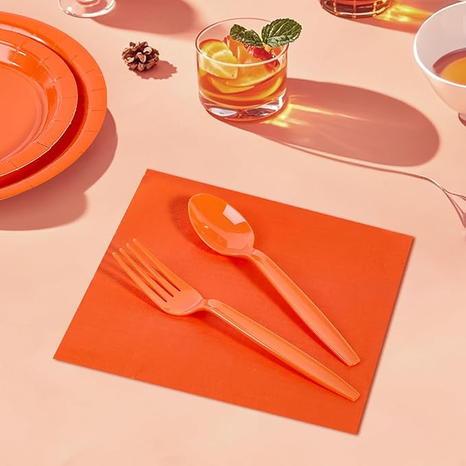 Ottin 169PCS Orange Party Supplies for 24 Guests – Disposable Paper Plates, Napkins, Cups, Forks, Knives, Spoons & Tablecloth for Birthday, Wedding, Halloween, Thanksgiving, Christmas, and New Year