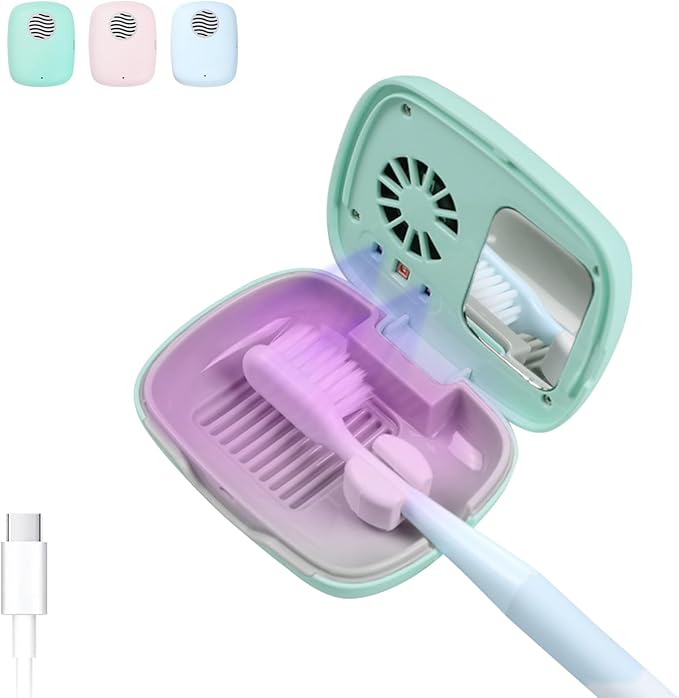 Toothbrush Holder, Toothbrush Cleaner Case, Portable USB Charging Toothbrush Cover with U V-C Light, Travel Toothbrush Holder (Green-Fan)