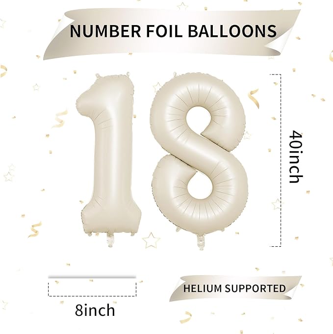 Biapian 40 Inch Cream Number 18 Balloon, 18th Birthday Balloons, Big Digital 18 or 81 Beige White Giant 18 Foil Balloon Helium for 81st 18th Birthday Decorations Anniversary Baby Shower Party Supplies