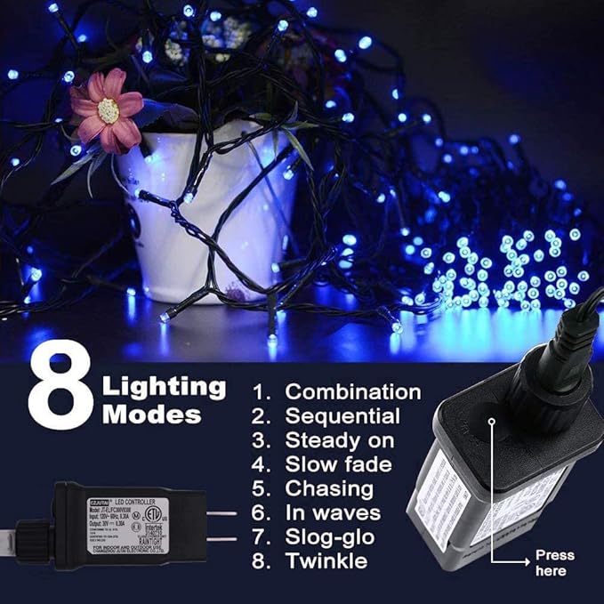 Chritsmas Decoration Outdoor String Lights - 25m/82ft 220 LEDs 8 Modes Memory Function End-to-End Extendable Plug in Waterproof Fairy Lights for Thanksgiving Halloween Wedding Patio Decor - Blue