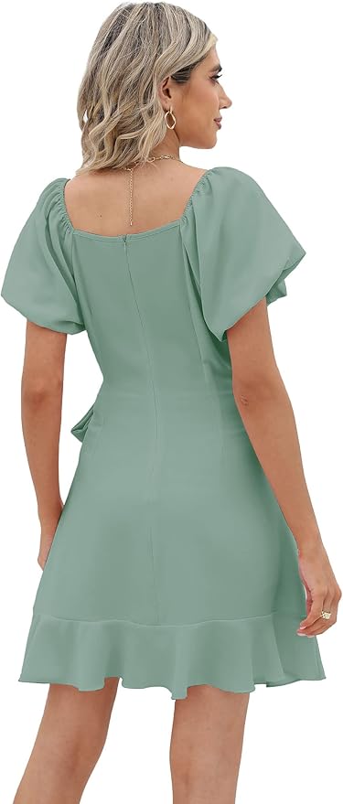 Sampeel Womens Summer Dresses Square Neck Puff Sleeve Tie Waist Short Dress