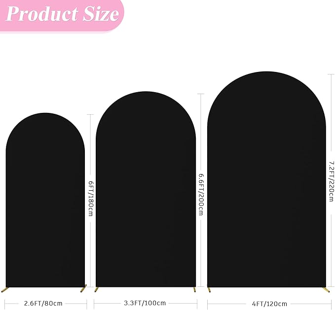 Wokceer Wedding Arch Cover (7.2FT, 6.6FT, 6FT) Set of 3 Spandex Fitted Wedding Arch Stand Covers Round Top Chiara Arch Backdrop Stands Cover for Birthday Party Wedding Ceremony Decor Black