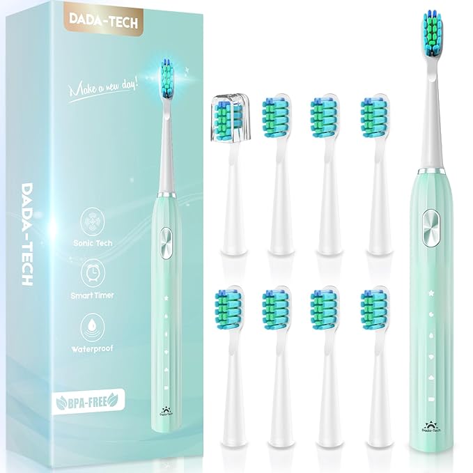 DADA-TECH Ultrasonic Toothbrush for Adults Sonic Toothbrush, 9 Brush Heads, 5 Cleaning Modes, 4-Hour Charge Lasts 60 Days (Green)