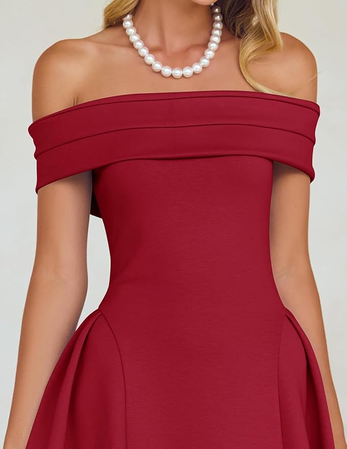 ZESICA Summer 2026 Cocktail Dresses for Women's Off Shoulder Short Sleeve Swing A Line Wedding Evening Party Midi Dress