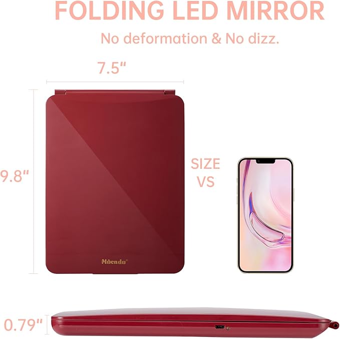 Mocado LED Travel Makeup Mirror, Rechargeable Vanity Mirror with Lights, Portable Mirror with Lights - 7x9 inches, 3 Colors Light, Foldable, Dimmable Touch Screen, Travel Essential (Wine Red)