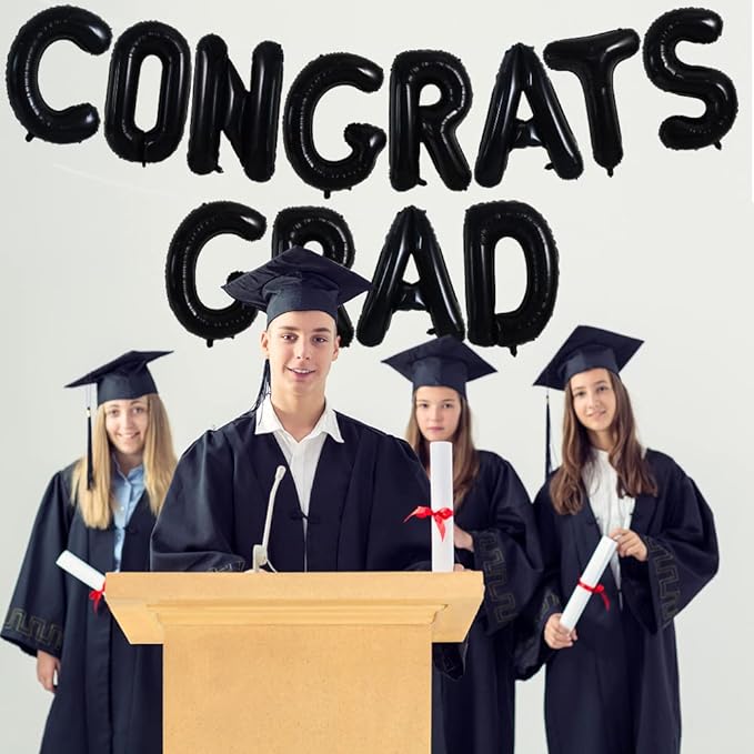 TONIFUL 2026 Congrats Grad Balloons - 16 Inch Black Congrats Foil Balloons Banner Reusable Material for Graduation Party Graduate Congratulations 2026 Congrats Grad Decorations