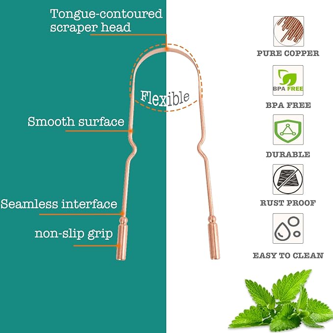 Copper Tongue Scraper (2 Pack), Tongue Cleaner for Reduce Bad Breath, Tongue Scrapers for Adults & Kids, 100% Copper Metal Tongue Scrubber Set for Oral Care & Easy to Use (round-bead)