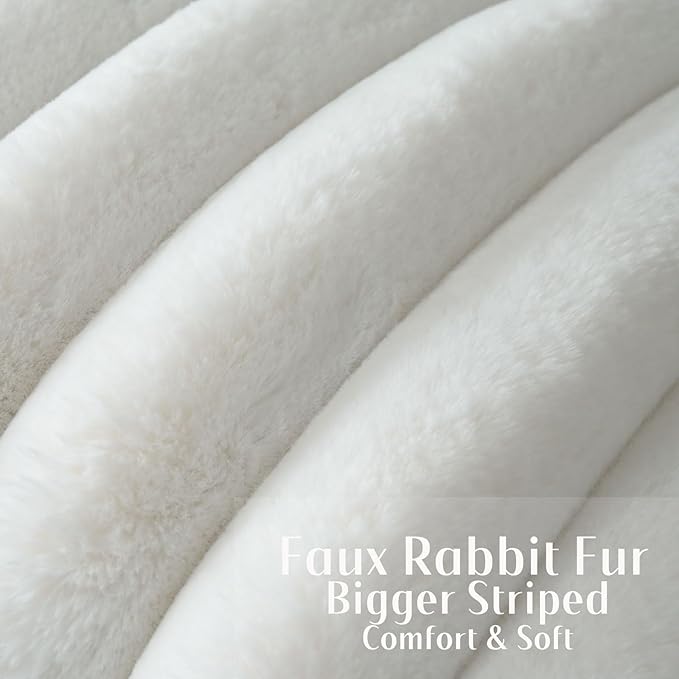 FUTEI Cream White Decorative Throw Pillow Covers 26x26 Inch Set of 2, Square Soft Faux Rabbit Fur Thick Striped Euro Pillow Shams,Winter Home Decor for Couch Bed Living Room