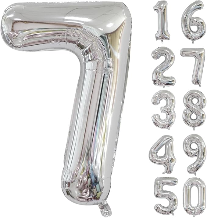 40 inch Silver Number Balloon Giant Foil Helium Balloons Silver Number 7 Balloon for 7th Birthday Party Anniversary Decorations Supplies