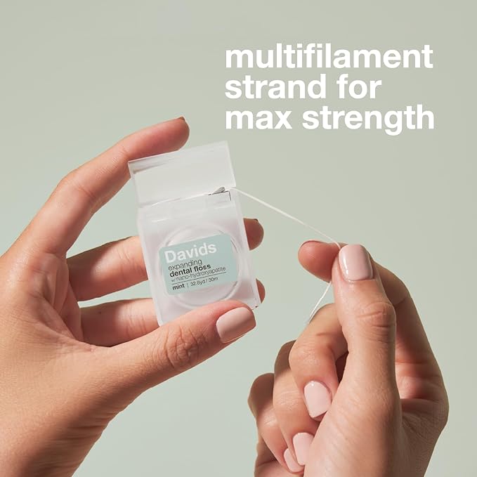 Davids Expanding Dental Floss, 2 Spools, 250+ No Break Woven Strands, Waxed, Vegan, w/Nano Hydroxyapatite, Cocoa Butter & Mint, Kid Friendly, 66 yd